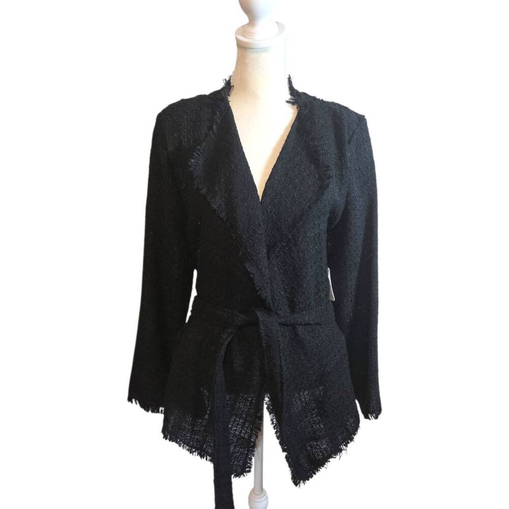 NWT Ginger by Stella + Ginger Black Lace Bouclé Fringe Wrap Jacket Boho Size L
